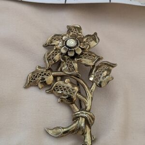 Gold/ Brass Toned Floral Statement Brooch - Elegant Women’s Jewelry